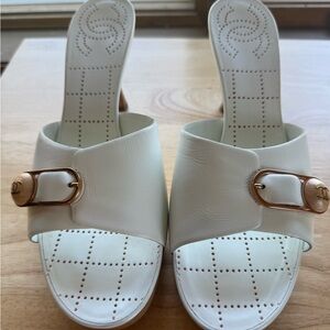 Chanel White Women's Slide heels  with Gold Buckle